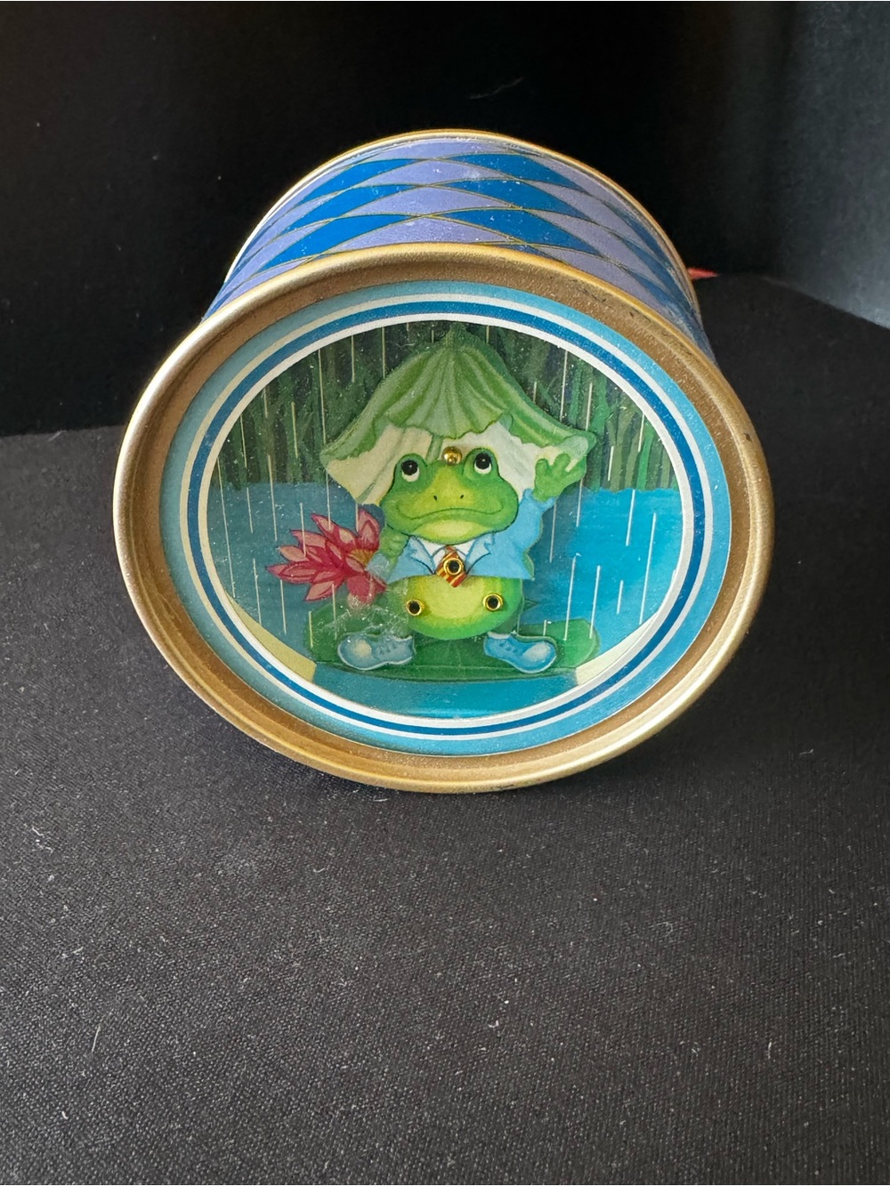 Vintage Otagiri Blue Frog Rain Decorative Tin Music Box